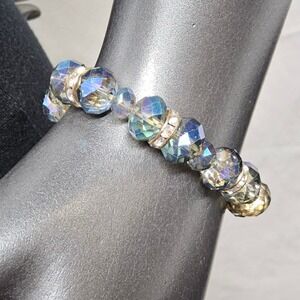 Beaded Stretch Bracelet Womens OS Blue Iridescent Rhinestone Faceted